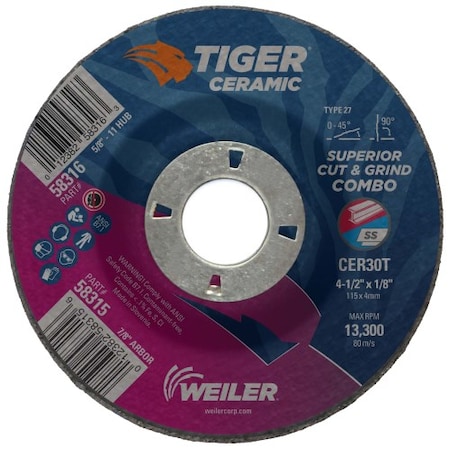 Weiler 4-1/2 x 1/8 TIGER CERAMIC Type 27 Cut/Grind Wheel CER30T 7/8 A.H. 58315